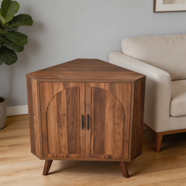 Brown Fluted Corner Cabinet with Arched Door